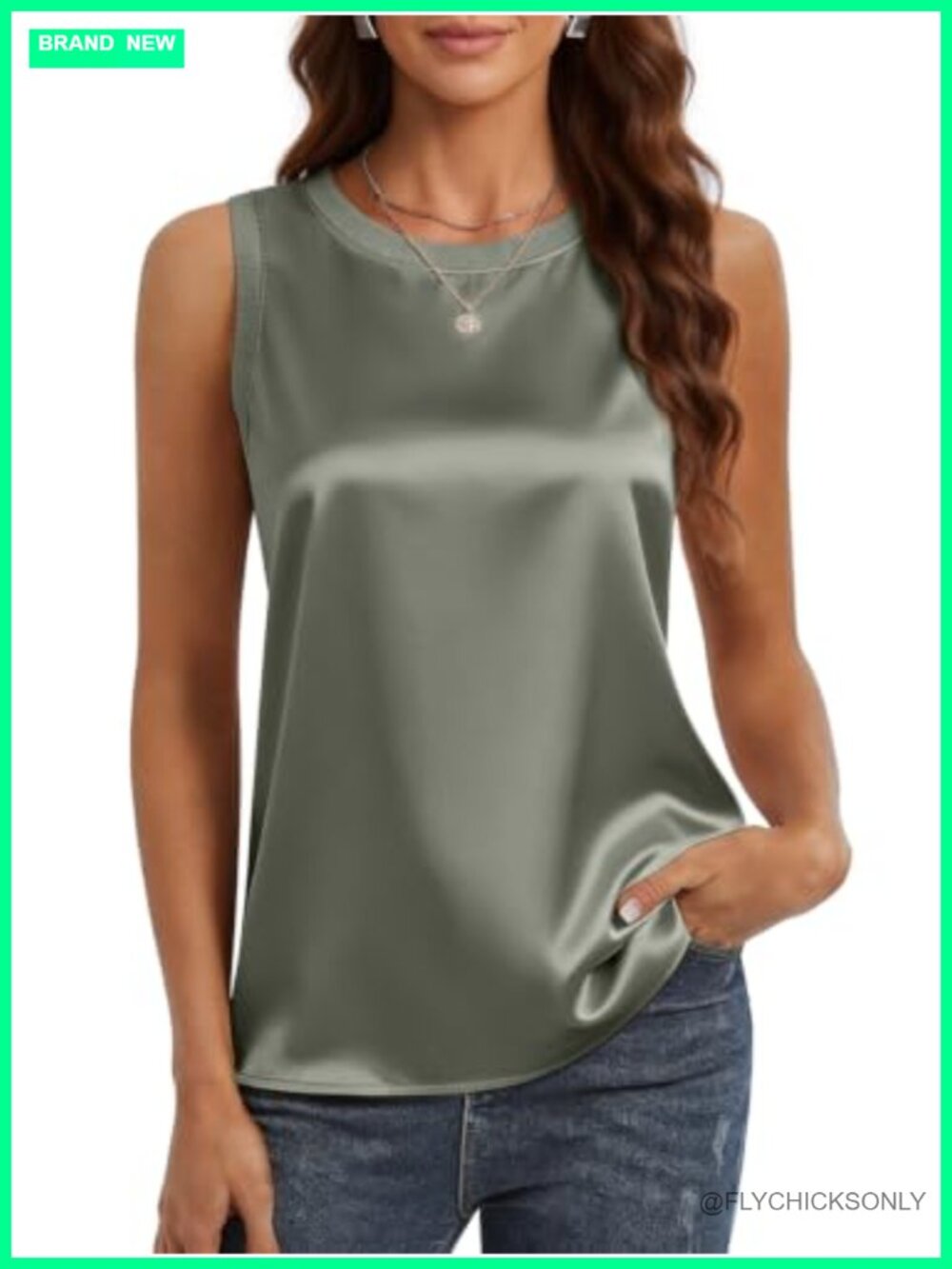 Silk Satin Sleeveless Tank Top Crew Neck Cami Blouse Summer Casual Women's